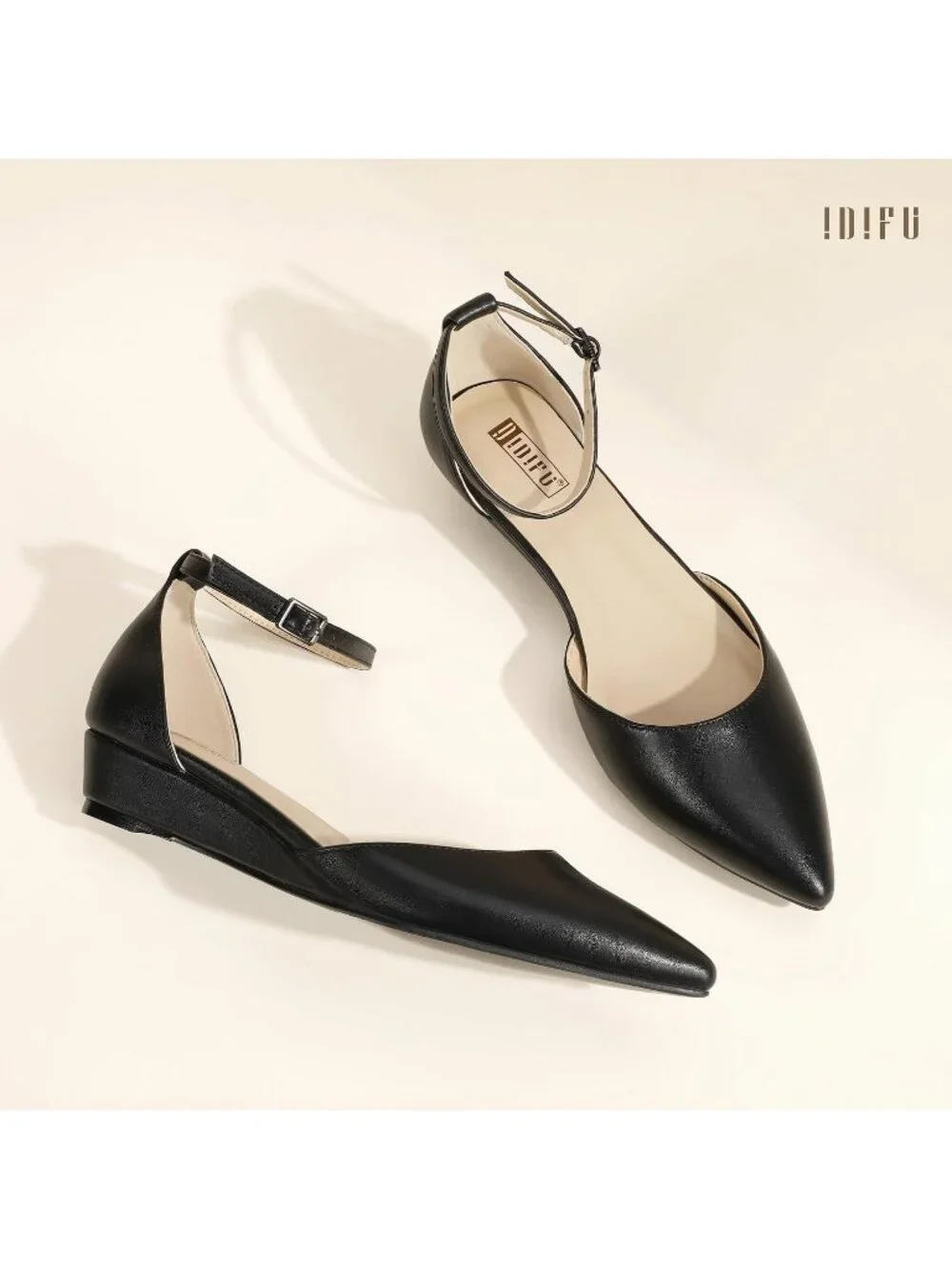 Women's Black PU Low Wedge Flats Closed Pointed Toe Adjustable Ankle Strap Shoes
